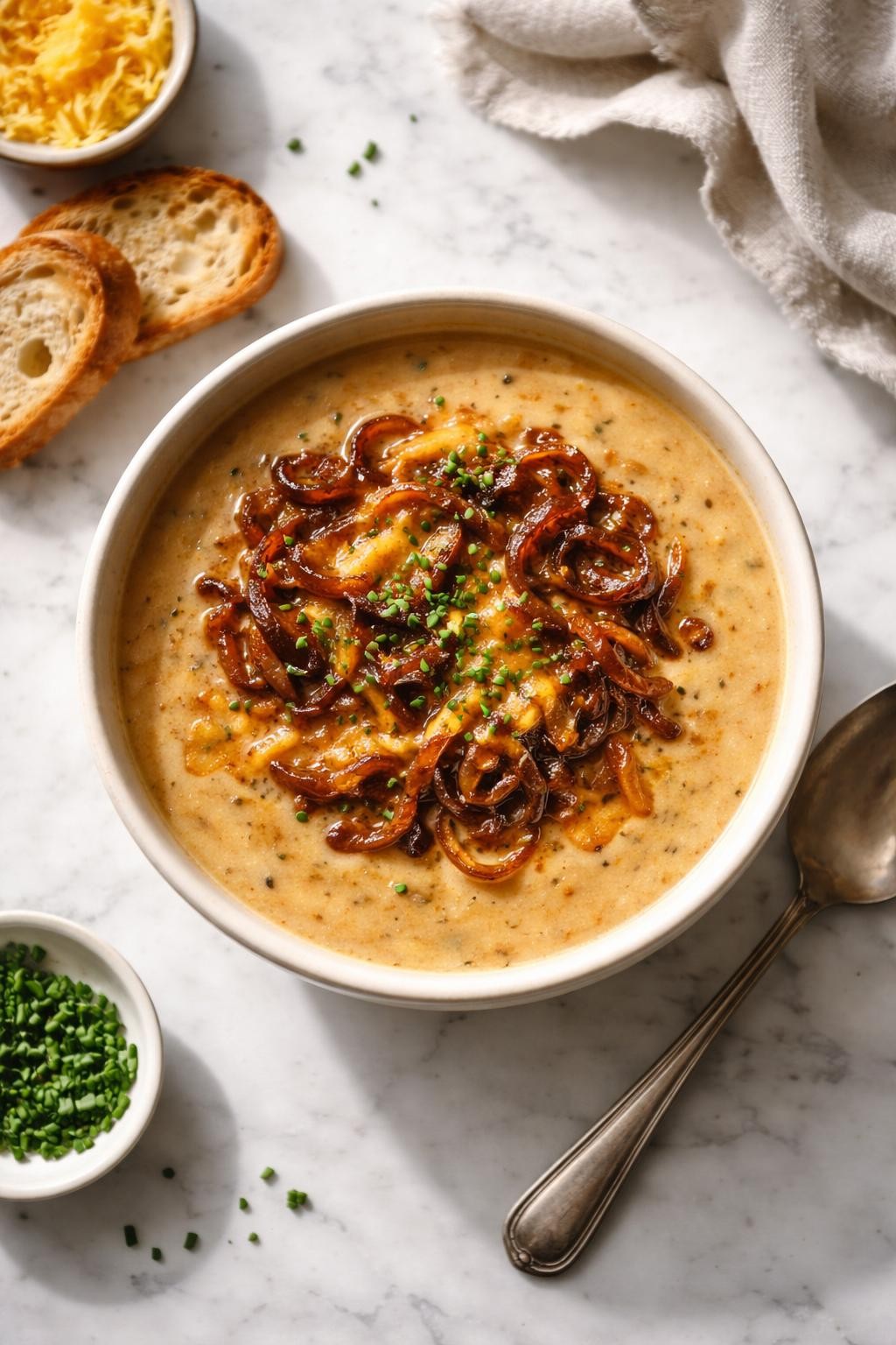 Image Prompt: Realistic top-down editorial food photography of caramelized onion beer cheese soup on a clean marble countertop, creamy golden soup topped with deep brown caramelized onions and melted cheddar, rich glossy texture, simple bowl, warm cozy homemade atmosphere, natural daylight, soft shadows, clean styling, no people, no hands, no text, no watermarks, no props with writing.