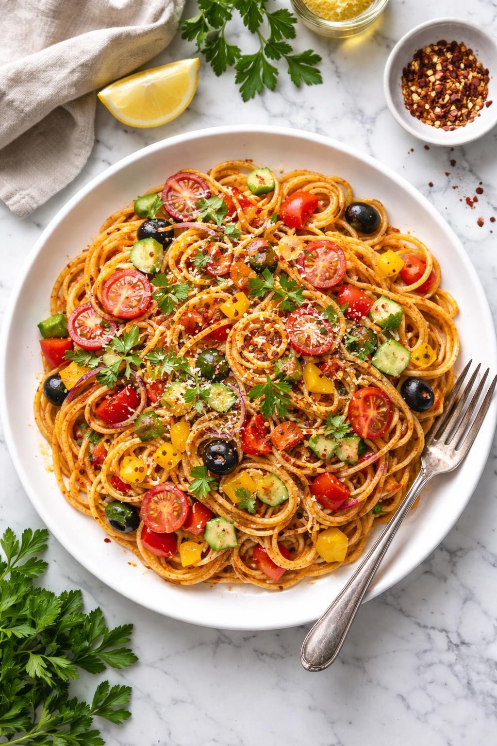 An overheard picture view of a plate of Paprika Spaghetti Salad   sitting on a marble countertop table in the kitchen, professional food photography style.
