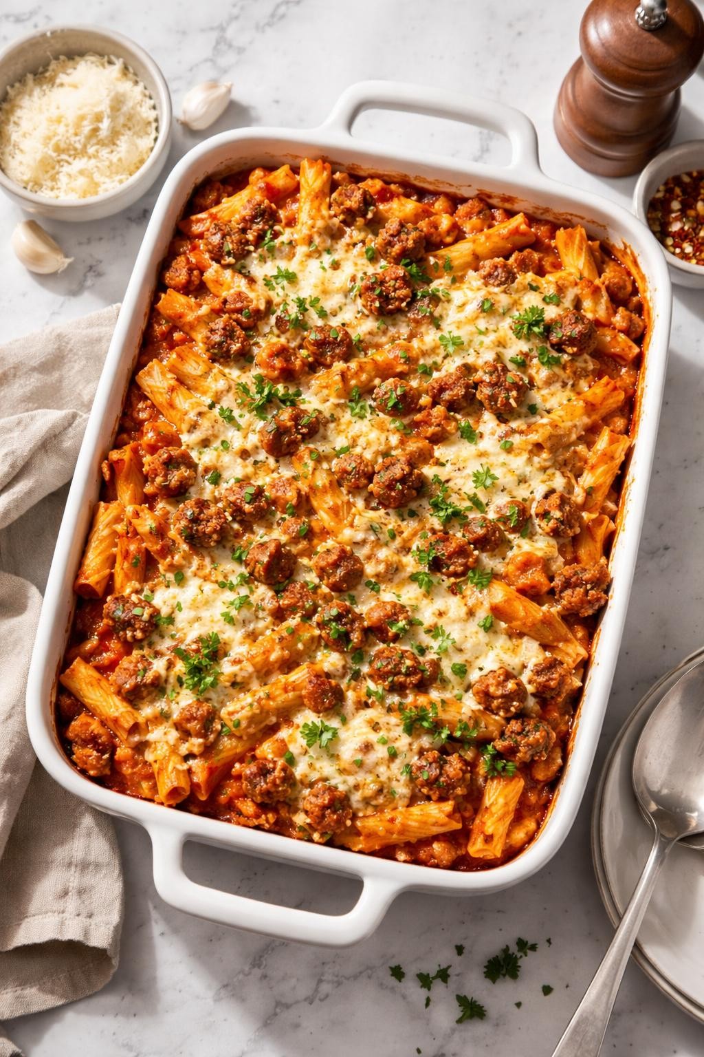 Image Prompt: Realistic top-down editorial food photography of sweet Italian sausage baked ziti in a casserole dish on a clean white and gray marble countertop, ziti pasta baked with sweet Italian sausage, marinara sauce, ricotta, mozzarella, and parsley, golden cheesy top, bright natural light, soft shadows, cozy homemade dinner styling, high detail, realistic food texture, no people, no hands, no text, no watermarks, no props with writing.