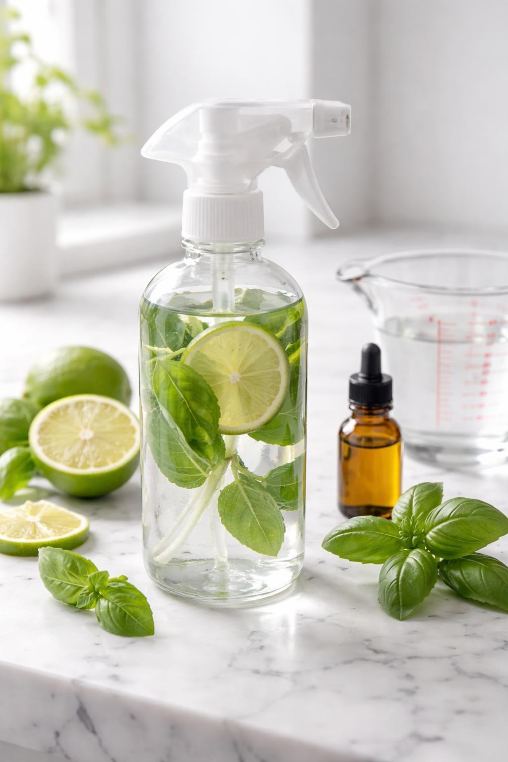 A realistic close-up photo of a clear spray bottle filled with lime basil homemade air freshener on a clean white marble countertop table. Lime slices, fresh basil leaves, a measuring cup, and a small bottle of essential oil are placed neatly around the bottle. Bright natural light, crisp detail, realistic texture, clean minimal setup, strong focus on the spray bottle and fresh green citrus ingredients, no people, no text, (no watermarks on images)