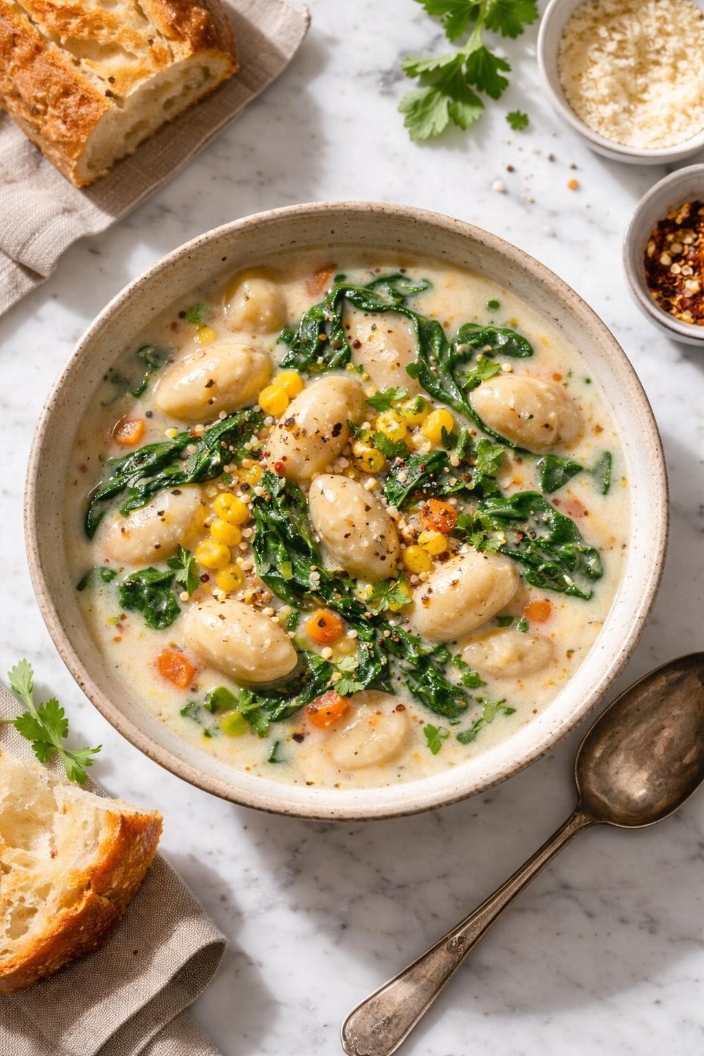 Image Prompt: Realistic top-down editorial food photography of gnocchi soup with corn and spinach in a rustic bowl on a white marble countertop, light creamy soup with soft gnocchi, yellow corn kernels, wilted spinach, and herbs, cozy homemade dinner styling, bright natural light, soft shadows, no people, no hands, no text, no watermarks, no props with writing.