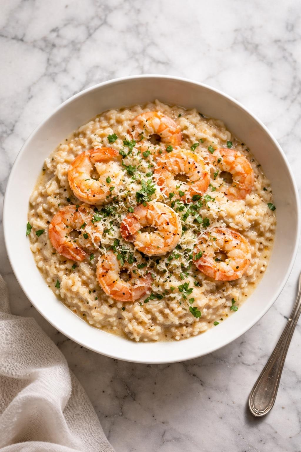 Image Prompt: Realistic top-down editorial food photography of Italian shrimp risotto in a shallow white bowl on a clean white and gray marble countertop, creamy risotto with shrimp, parmesan, herbs, and black pepper, warm natural window light, cozy homemade comfort food mood, no people, no hands, no text, no watermarks, no props with writing.