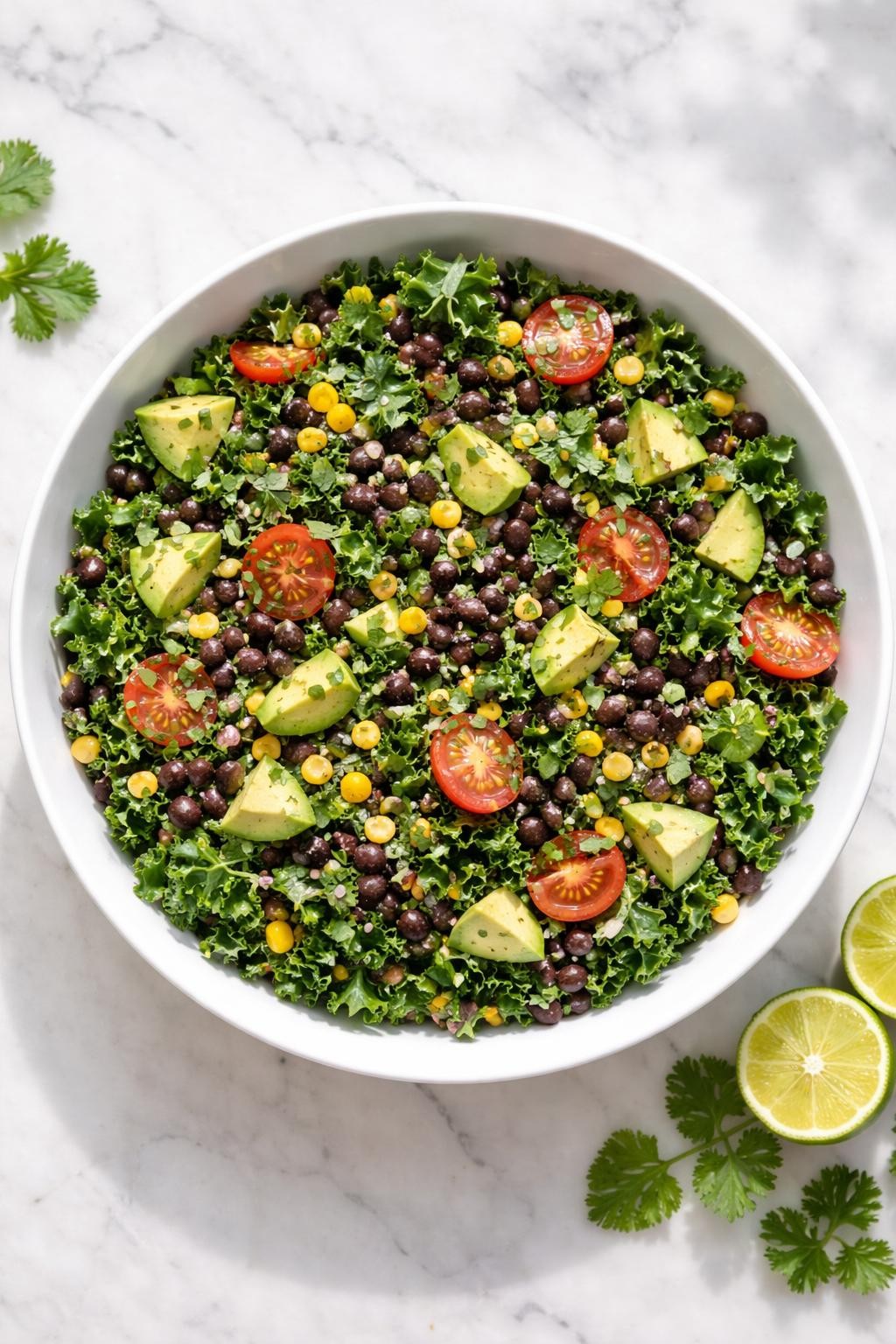 Image Prompt: Realistic top-down editorial food photography of a healthy kale and black bean salad in a white bowl on a clean marble countertop, chopped kale with black beans, corn, avocado, and lime dressing, fresh hearty salad styling, bright natural daylight, no people, no hands, no text, no watermarks, no props with writing.