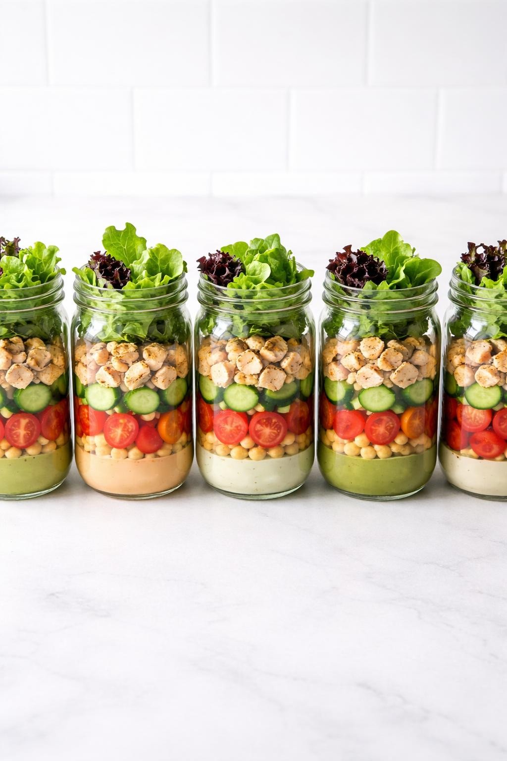 "Realistic top-down food photography of five glass mason jars lined up in a row on a white countertop. Each jar has layers: dressing at the bottom, then hearty veggies, protein, and lettuce on top. Visible ingredients include cherry tomatoes, cucumber slices, chickpeas, grilled chicken, and mixed greens. Bright clean lighting, colorful and practical lunch prep, no people, no hands, no text, no watermarks."