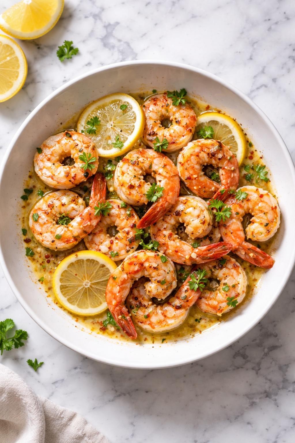 Image Prompt: Realistic top-down editorial food photography of garlic butter Italian shrimp in a shallow white bowl on a clean white and gray marble countertop, plump shrimp cooked in a glossy garlic butter sauce with parsley, lemon slices, and cracked black pepper, warm natural daylight, cozy homemade dinner mood, clean composition, high detail, realistic food texture, no people, no hands, no text, no watermarks, no props with writing.