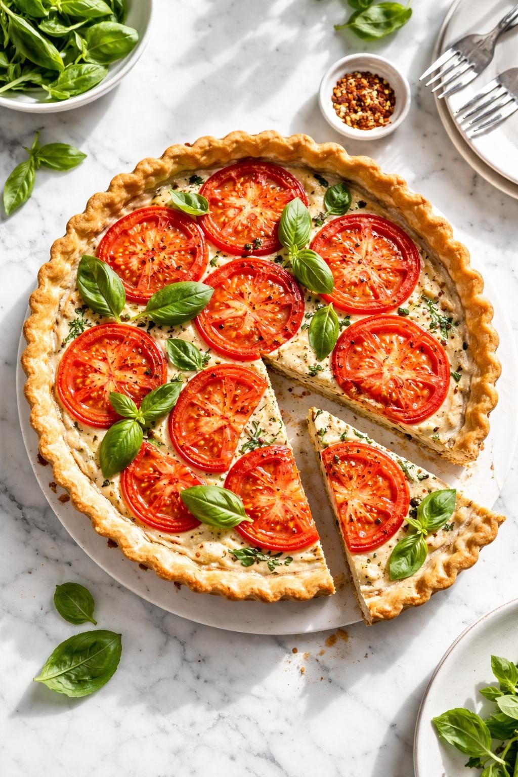 Image Prompt: Top-down realistic editorial food photography of a homemade vegan tomato basil quiche on a clean white marble countertop, flaky crust filled with creamy tofu quiche filling, sliced tomatoes, and fresh basil, one slice removed to show the soft savory interior, fresh elegant brunch mood, bright natural daylight, soft shadows, clean styling, high detail, no people, no hands, no text, no watermarks, no props with writing.