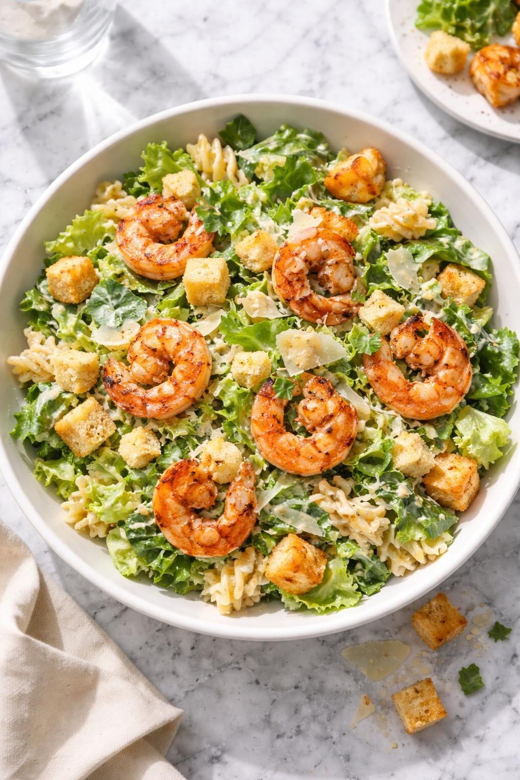 Image Prompt: Realistic top-down editorial food photography of Caesar pasta salad with grilled shrimp in a simple white bowl on a white and gray marble countertop, rotini pasta tossed with chopped romaine, grilled shrimp, creamy Caesar dressing, parmesan, and croutons, fresh coastal homemade styling, bright natural light, soft shadows, no people, no hands, no text, no watermarks, no props with writing.