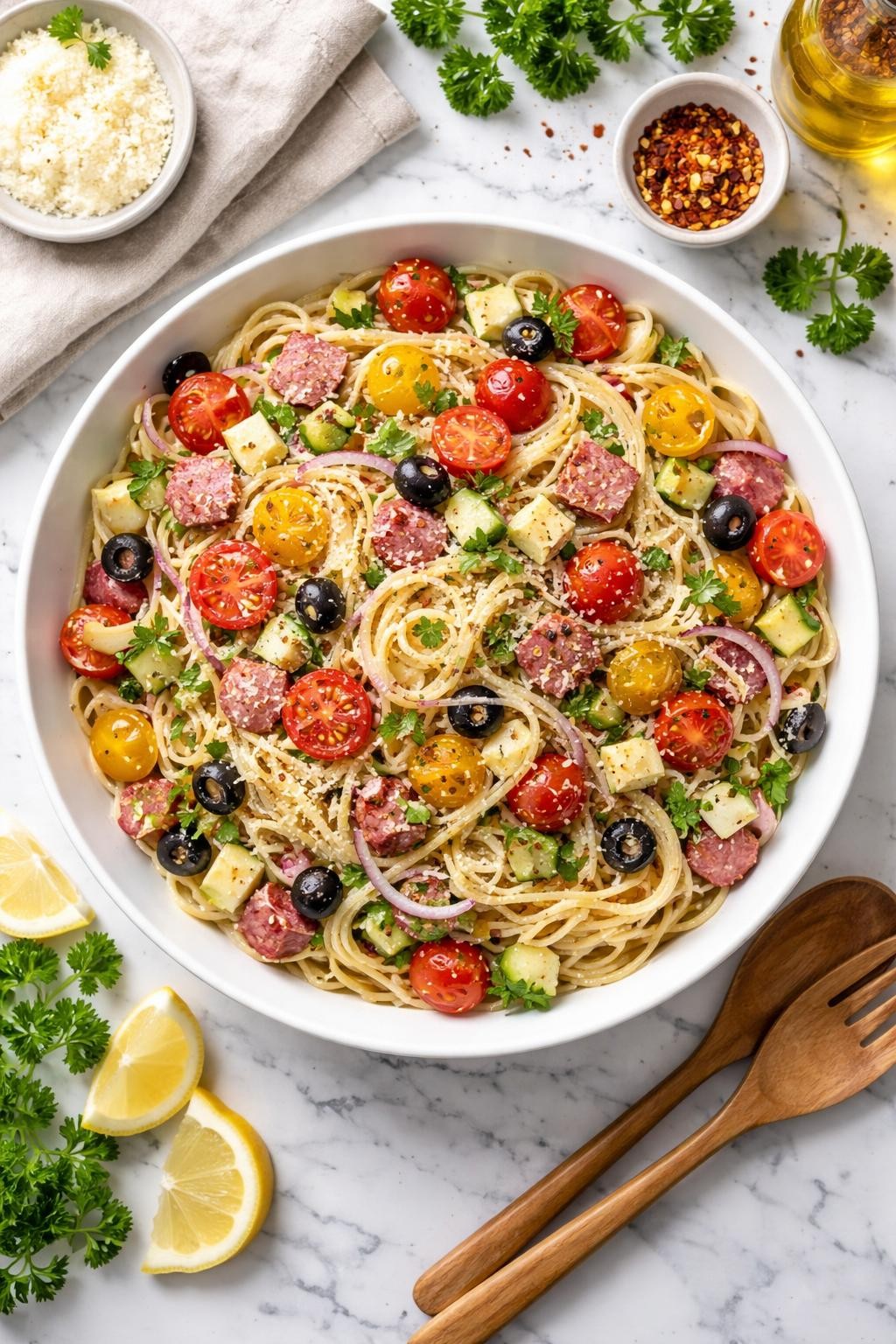 An overheard picture view of a plate of  Classic Italian Cold Spaghetti Salad  sitting on a marble countertop table in the kitchen, professional food photography style.
