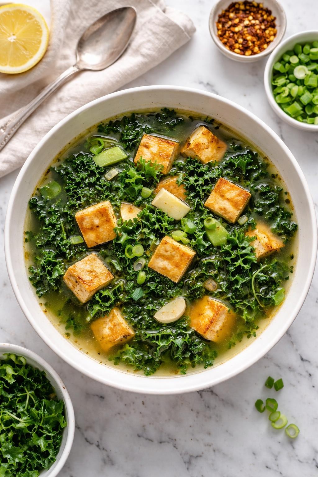 An overheard picture view of a plate of Five-Ingredient Kale and Tofu Soup sitting on a marble countertop table in the kitchen, professional food photography style.