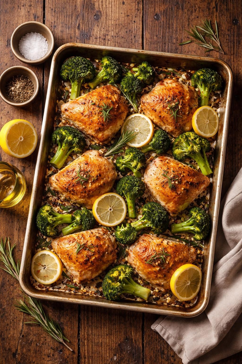 "Realistic top-down photography of a sheet pan on a rustic wooden table. The pan contains chicken thighs and broccoli florets, both roasted with lemon slices and fresh rosemary. The chicken skin is golden and crispy, the broccoli is slightly charred at the edges. Soft evening light, simple and colorful low-carb dinner, no people, no hands, no text, no watermarks."