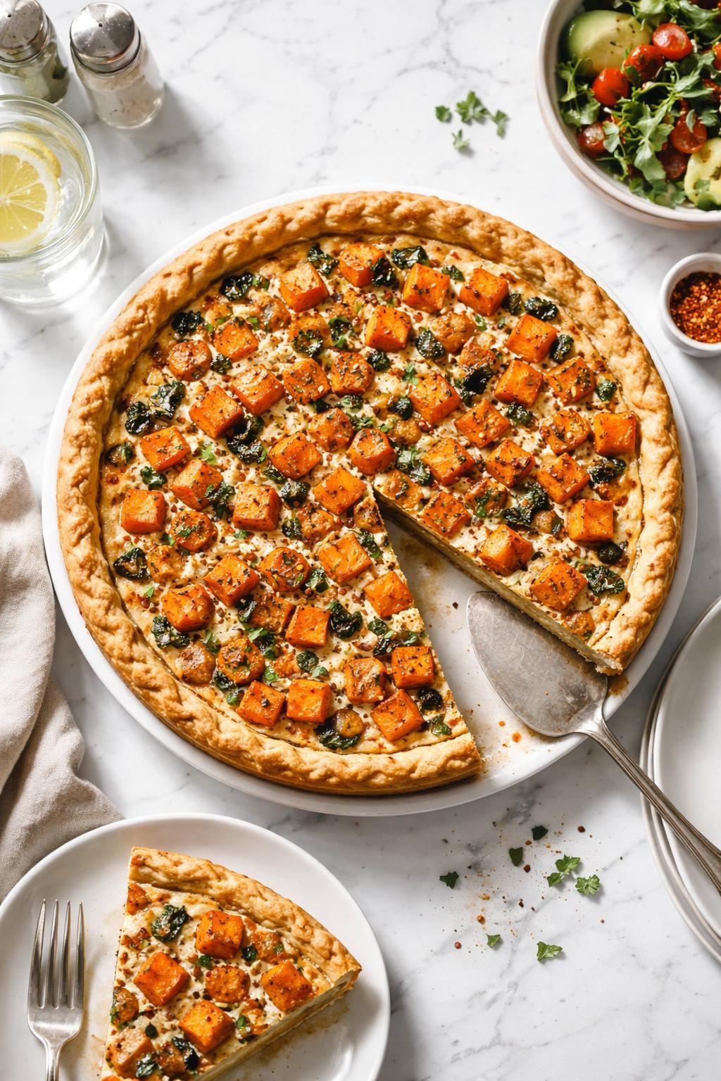Image Prompt: Top-down realistic editorial food photography of a homemade vegan sweet potato quiche on a clean white marble countertop, golden crust filled with creamy tofu filling and tender roasted sweet potato cubes, one slice removed to show the hearty colorful brunch interior, cozy homemade brunch mood, bright natural daylight, soft shadows, high detail, no people, no hands, no text, no watermarks, no props with writing.