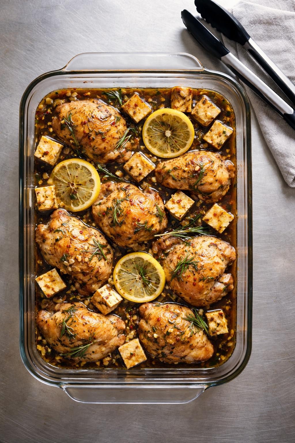 "Realistic top-down food photography of a glass baking dish containing chicken thighs and cubed tofu in a dark herb marinade on a stainless steel counter. The marinade has visible garlic, rosemary, and lemon slices. A pair of tongs next to the dish. Soft natural light, flavor-packed protein ready for quick cooking, no people, no hands, no text, no watermarks."
