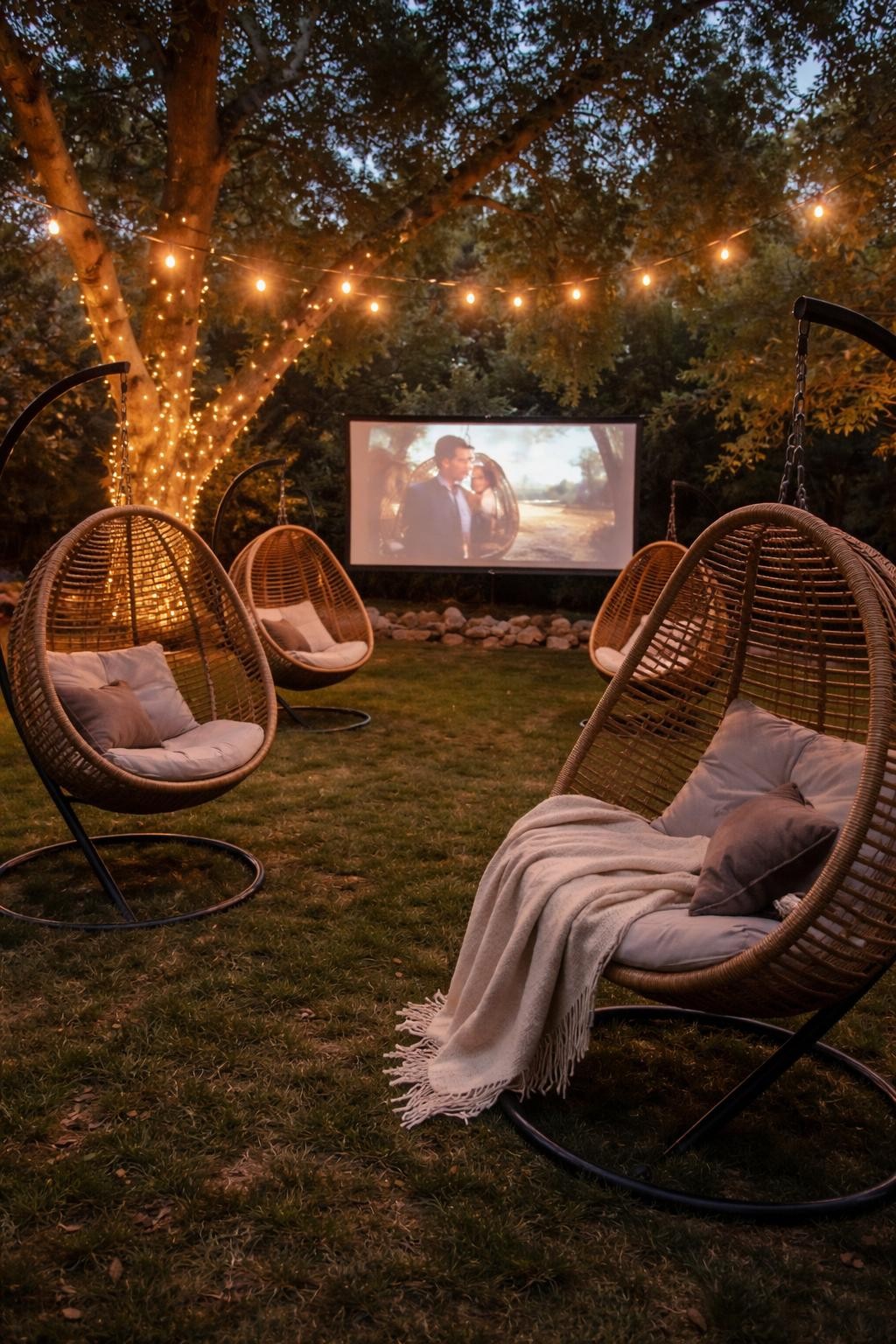 Photo of a backyard with several hanging wicker chairs facing a movie screen, wide view at dusk, soft evening light, containing a blanket draped over one chair, iPhone photo quality.