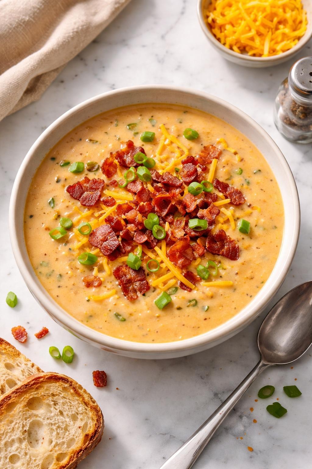 Image Prompt: Realistic top-down editorial food photography of a bowl of bacon beer cheese soup on a white marble countertop, creamy deep golden soup topped with crispy bacon pieces, shredded cheddar, and chopped green onions, thick and hearty texture visible, simple ceramic bowl, warm cozy homemade styling, natural daylight, soft shadows, clean neat composition, high detail, no people, no hands, no text, no watermarks, no props with writing.