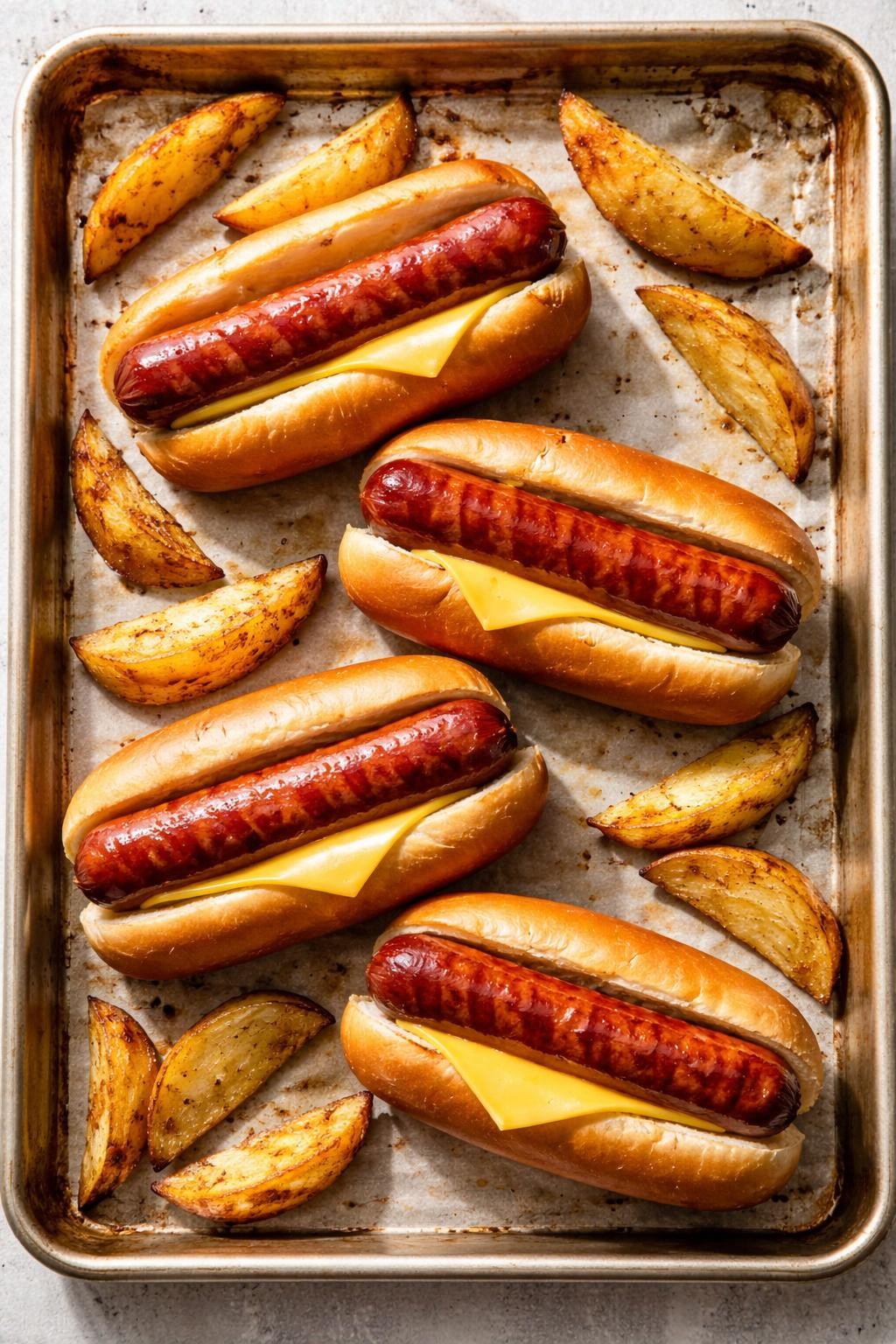 "Overhead realistic photo of a sheet pan with four hot dogs in buns, each with a slice of American cheese tucked underneath. A few potato wedges on the same pan. Golden brown and slightly toasted. Bright oven light, easy kid-approved dinner, no people, no hands, no text, no watermarks."