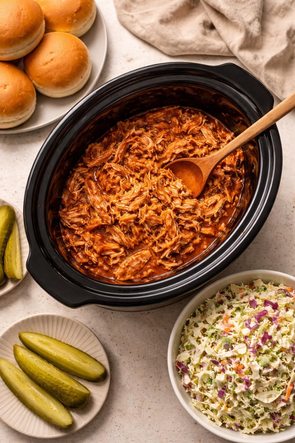"Realistic top-down food photography of a slow cooker crock filled with shredded pulled chicken in barbecue sauce on a kitchen counter. Next to it are soft hamburger buns and a bowl of coleslaw. A pickle spear on the side. Warm casual lighting, set-it-and-forget-it family favorite, no people, no hands, no text, no watermarks."