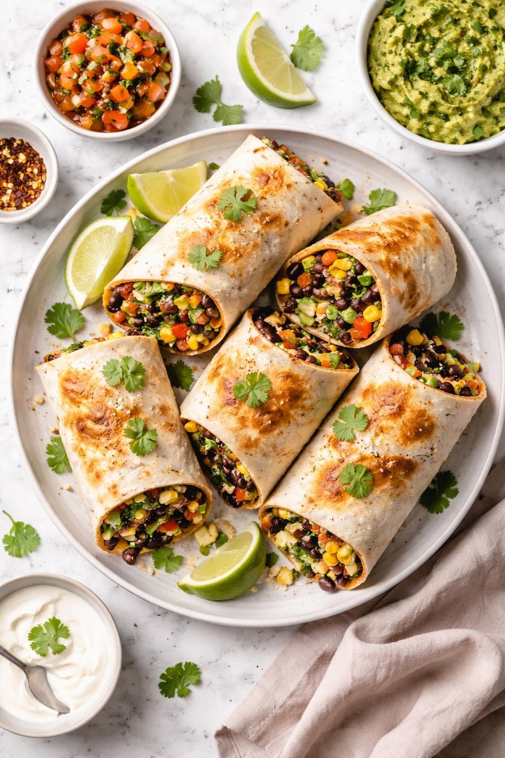 An overheard picture view of a plate of Black Bean Veggie Burritos sitting on a marble countertop table in the kitchen, professional food photography style.