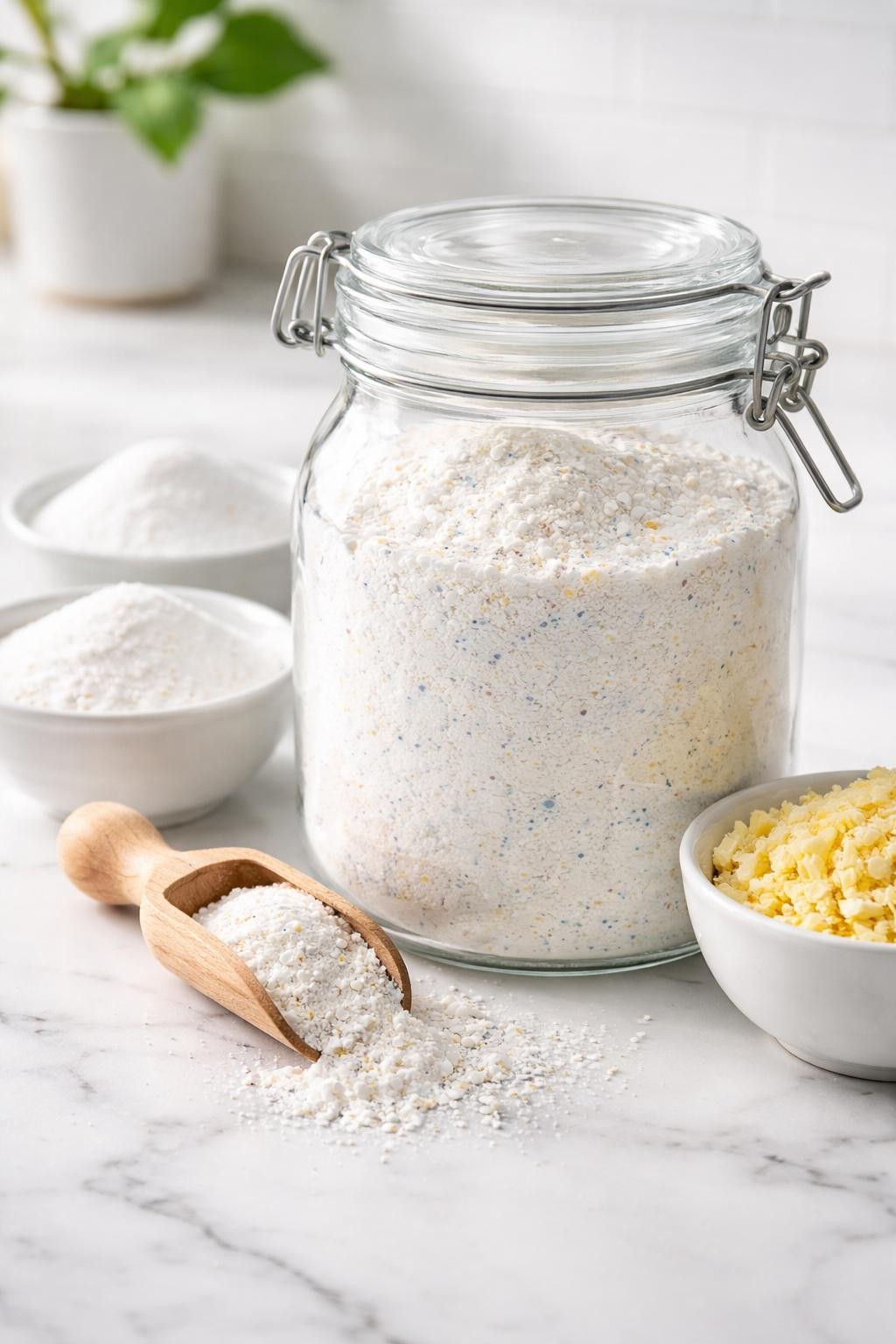 A realistic close-up photo of a clear glass jar filled with homemade powder laundry detergent on a clean white marble countertop table. Small bowls of borax, washing soda, grated laundry soap, and a wooden scoop are placed neatly around the jar. Bright natural light, crisp detail, realistic texture, clean minimal setup, strong focus on the powder detergent texture and jar, no people, no text, (no watermarks on images)