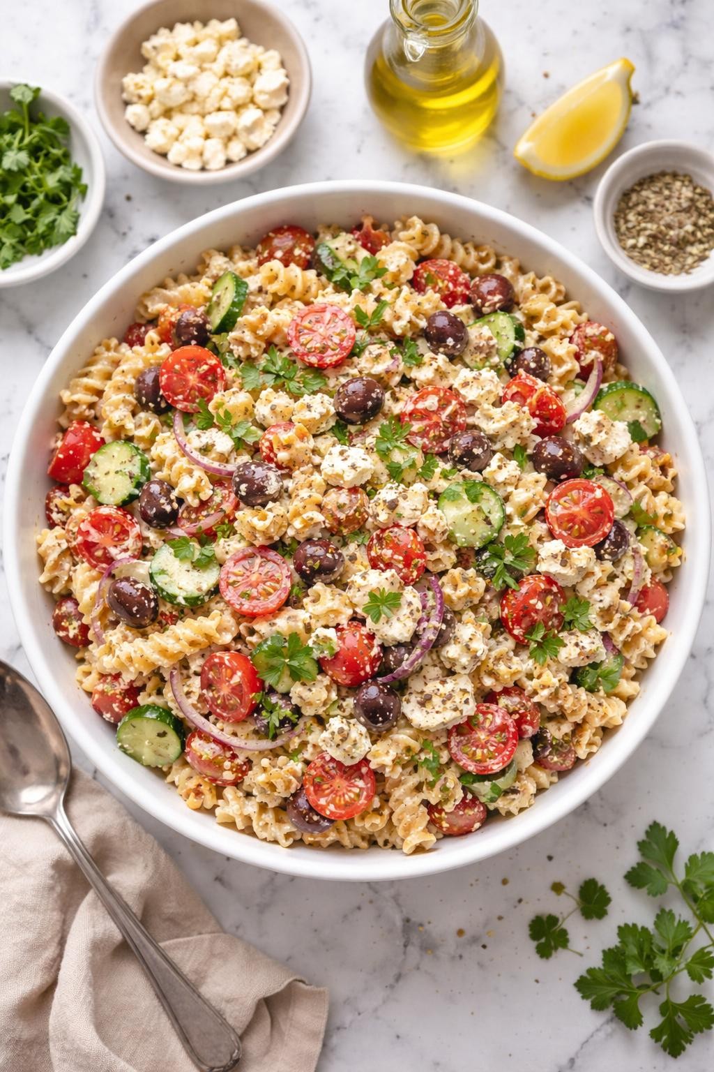 An overheard picture view of a plate of  Creamy Greek Pasta Salad with Feta  sitting on a marble countertop table in the kitchen, professional food photography style.
