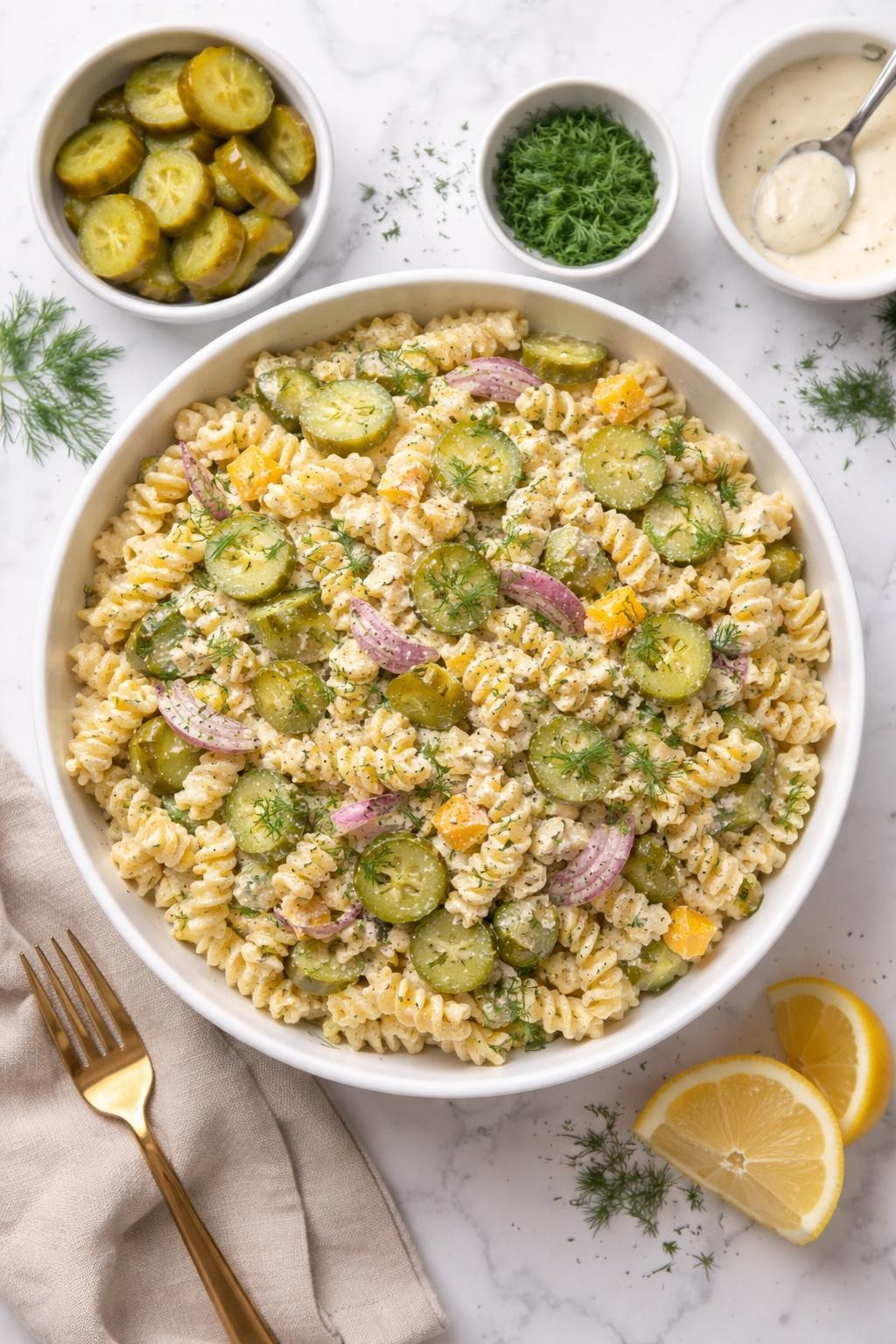 An overheard picture view of a plate of   Creamy Dill Pickle Pasta Salad sitting on a marble countertop table in the kitchen, professional food photography style.
