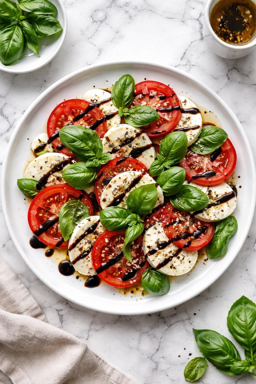 An overheard picture view of a plate of Balsamic Glaze Drizzle Version sitting on a marble countertop table in the kitchen, professional food photography style.