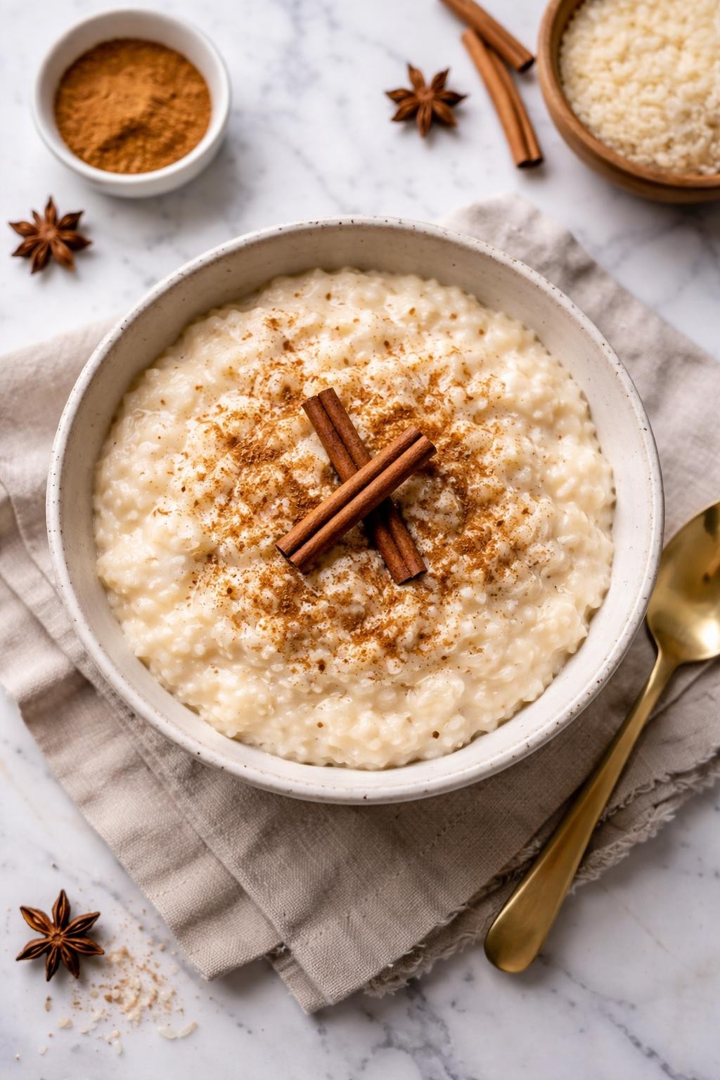 An overheard picture view of a plate of Arroz con Leche (Mexican Rice Pudding) sitting on a marble countertop table in the kitchen, professional food photography style.