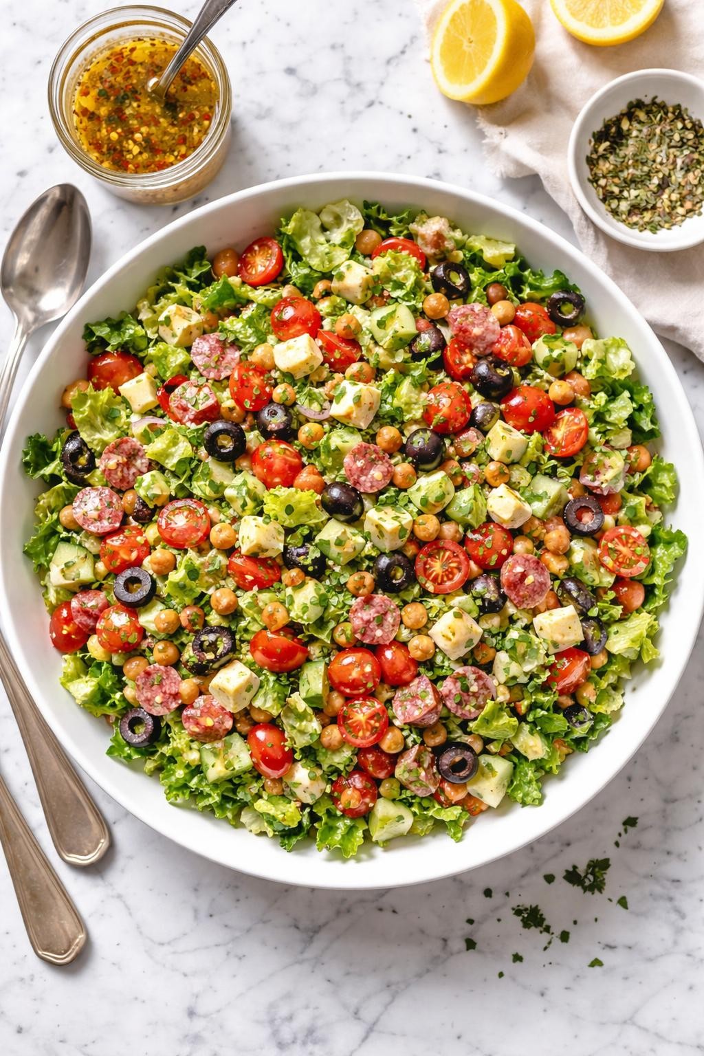 An overheard picture view of a plate of Quick Chopped Salad with Simple Italian Dressing sitting on a marble countertop table in the kitchen, professional food photography style.