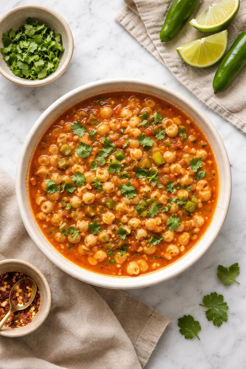 Image Prompt: Realistic top-down editorial food photography of Mexican sopita with green chiles in a neutral bowl on a clean marble countertop, small pasta in tomato broth with diced green chiles and cilantro, bright natural daylight, cozy homemade soup mood, no people, no hands, no text, no watermarks, no props with writing.
