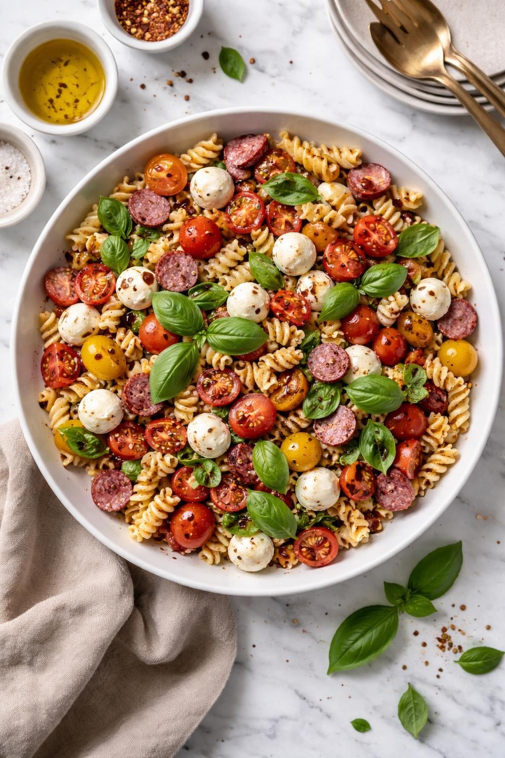 An overheard picture view of a plate of  Caprese Pasta Salad with Salami  sitting on a marble countertop table in the kitchen, professional food photography style.
