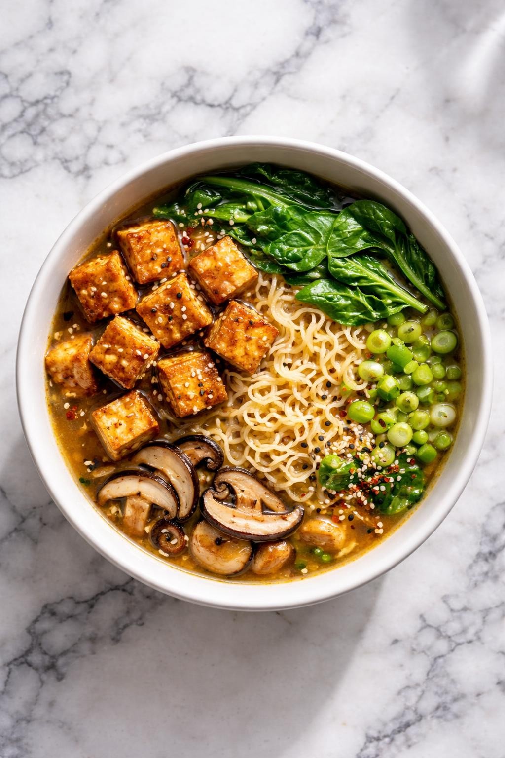 Image Prompt: Realistic top-down editorial food photography of a bowl of vegan ramen with crispy tofu on a clean white and gray marble countertop, filled with ramen noodles, savory broth, golden crispy tofu cubes, mushrooms, spinach, green onions, and sesame seeds, cozy homemade noodle soup mood, bright natural window lighting, soft shadows, clean composition, high detail, realistic food texture, no people, no hands, no text, no watermarks, no props with writing.