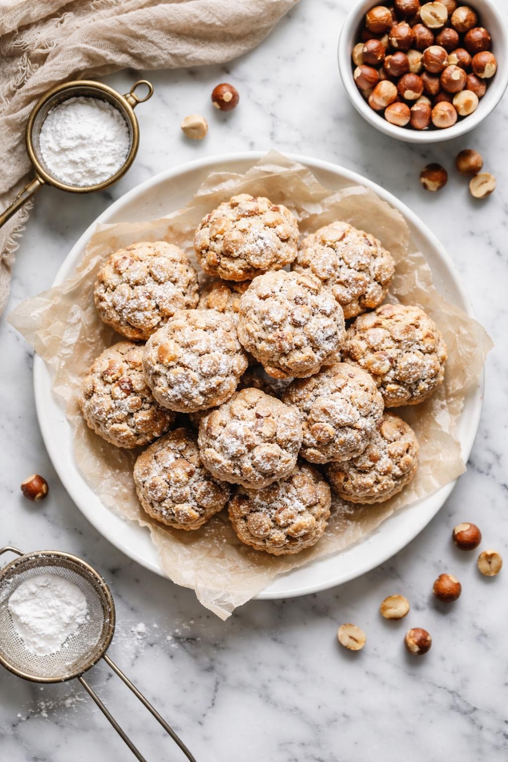 An overheard picture view of a plate of  Brutti ma Buoni  sitting on a marble countertop table in the kitchen, professional food photography style.
