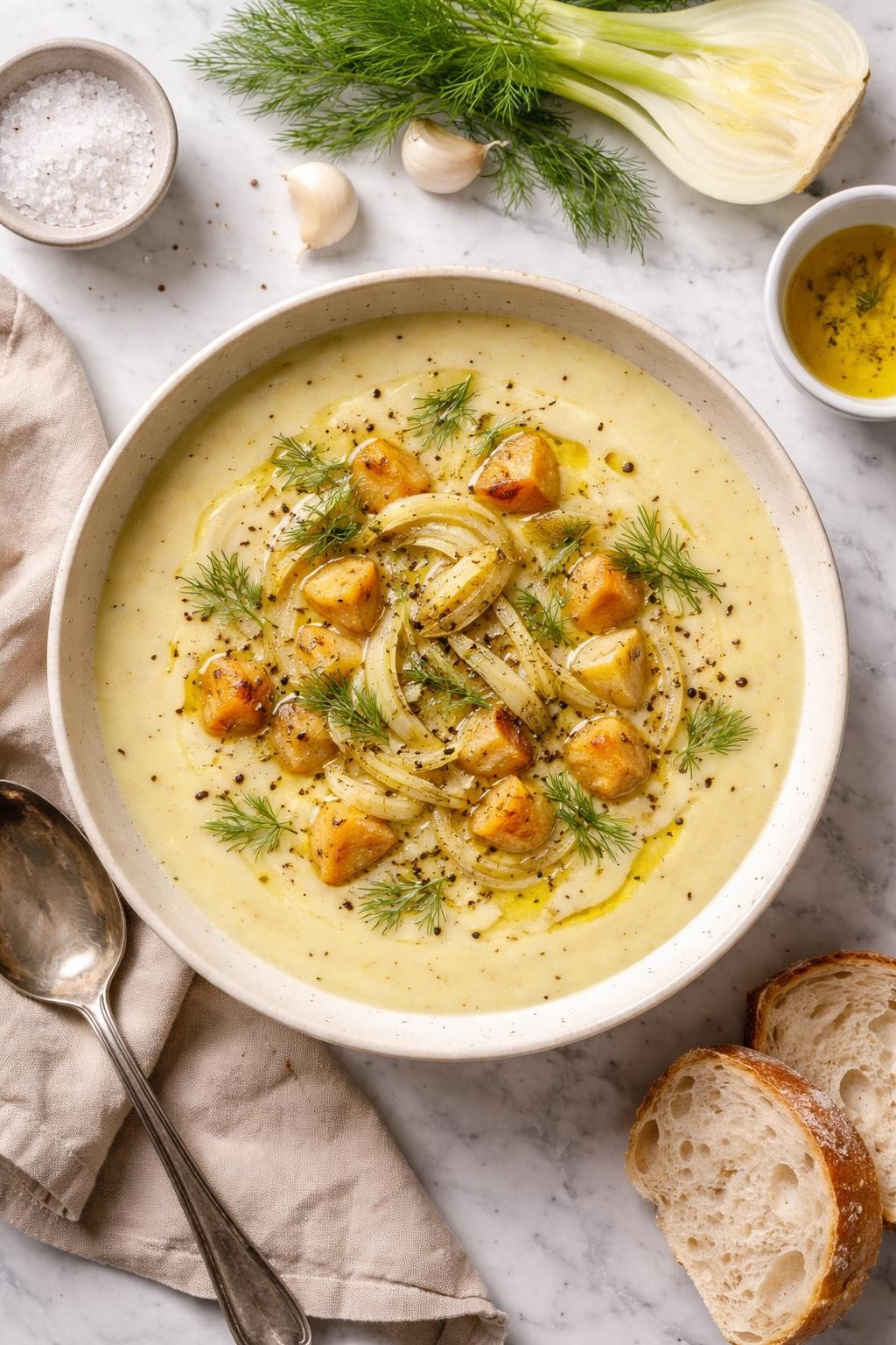 An overheard picture view of a plate of Creamy Fennel and Potato Soup sitting on a marble countertop table in the kitchen, professional food photography style.