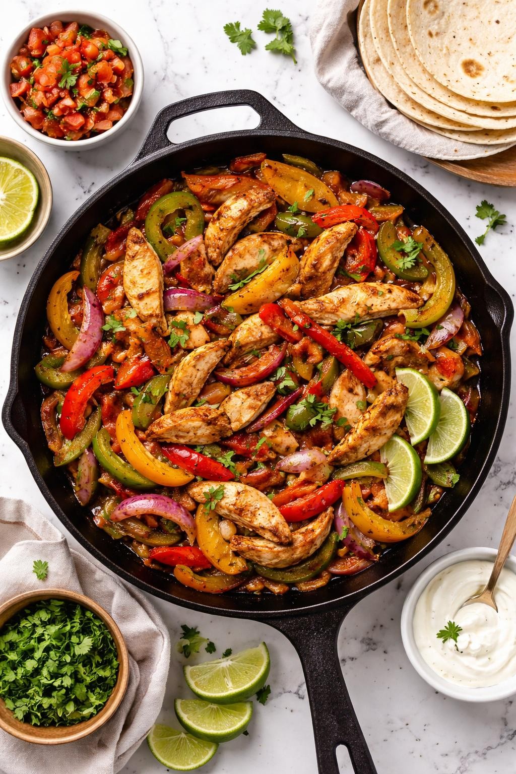 An overheard picture view of a plate of Chicken and Vegetable Fajita Skillet sitting on a marble countertop table in the kitchen, professional food photography style.