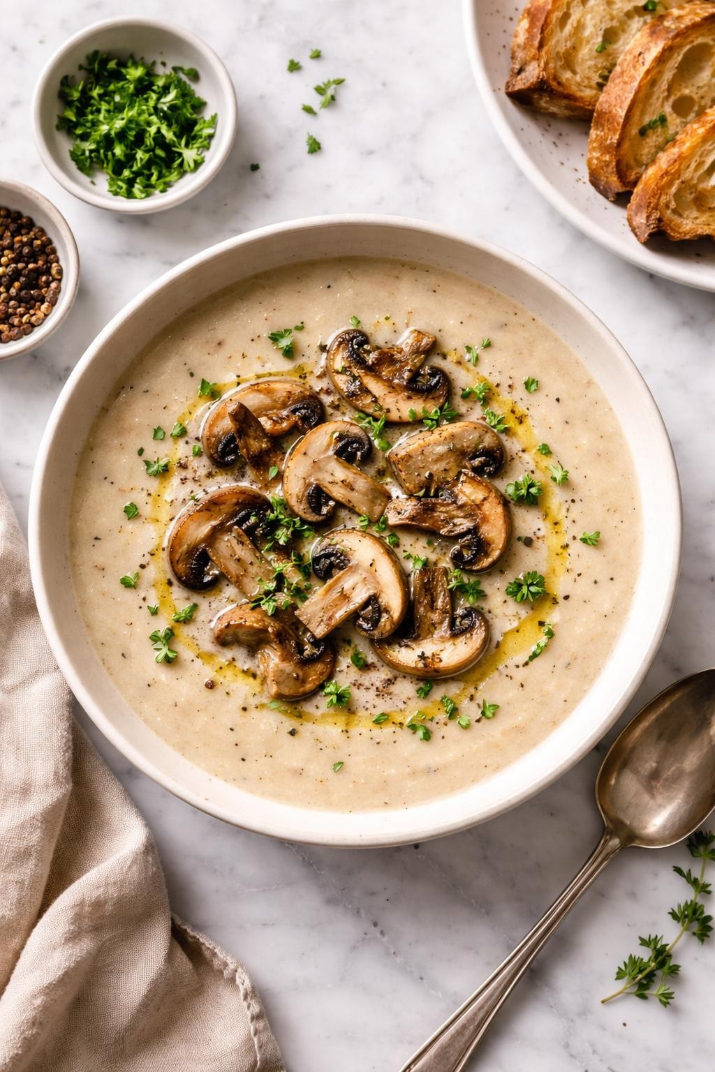 An overheard picture view of a plate of Creamy Mushroom Soup sitting on a marble countertop table in the kitchen, professional food photography style.