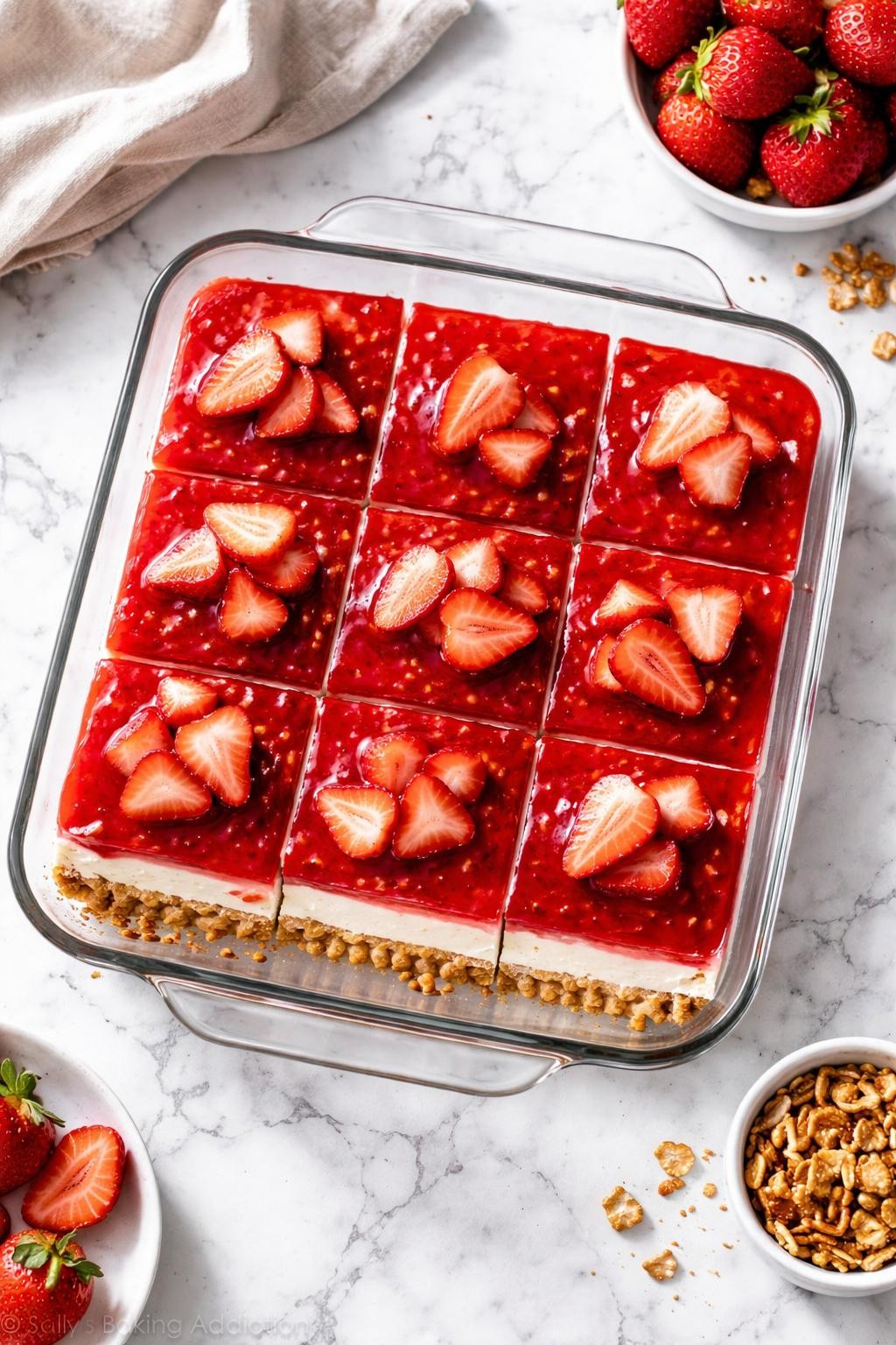 Image Prompt: Realistic top-down editorial food photography of strawberry pretzel Jello salad sliced into neat squares in a glass baking dish on a clean white and gray marble countertop, bright red strawberry gelatin layer over creamy whipped filling and golden crushed pretzel crust, fresh strawberry slices on top, chilled homemade dessert salad styling, bright natural window lighting, soft shadows, clean composition, high detail, realistic food texture, no people, no hands, no text, no watermarks, no props with writing.