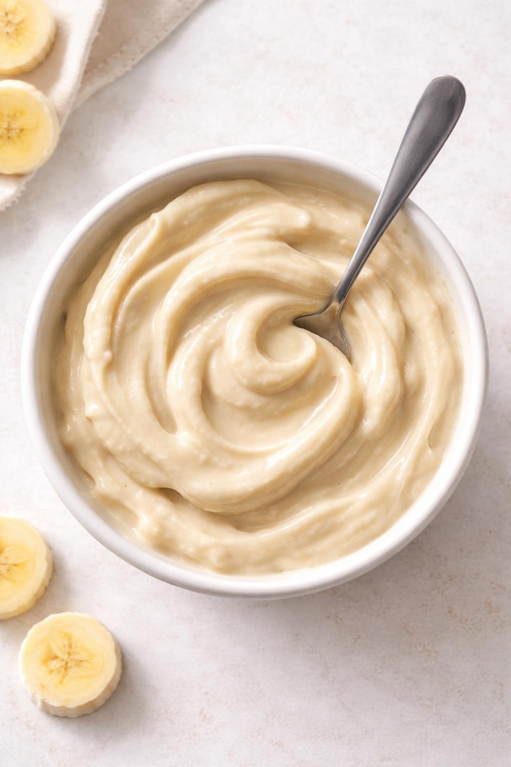"Overhead realistic shot of a white bowl filled with creamy, soft-serve style banana nice cream, made from frozen blended bananas. A spoon resting in the bowl. No toppings. Bright natural light, healthy and simple dessert or snack, no people, no hands, no text, no watermarks."