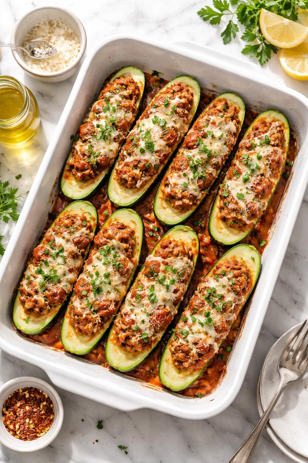 Image Prompt: Realistic top-down editorial food photography of sweet Italian sausage stuffed zucchini boats on a white marble countertop, halved zucchini filled with sweet Italian sausage, tomato sauce, melted mozzarella, and parmesan, topped with parsley, bright natural daylight, soft shadows, clean homemade dinner styling, high detail, realistic food texture, no people, no hands, no text, no watermarks, no props with writing.