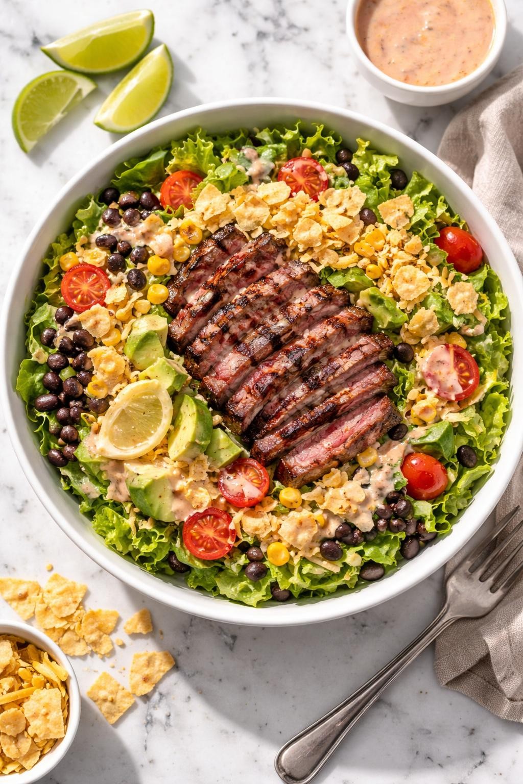 Image Prompt: Realistic top-down editorial food photography of a taco-style steak salad in a large white bowl on a marble countertop, sliced steak over romaine with black beans, corn, tomatoes, shredded cheese, avocado, crushed tortilla chips, and creamy salsa dressing, lime wedges nearby, bright natural daylight, soft shadows, clean homemade dinner styling, realistic texture, high detail, no people, no hands, no text, no watermarks, no props with writing.