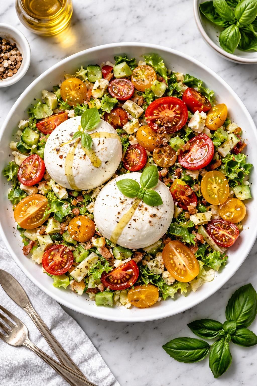 An overheard picture view of a plate of Chopped Salad with Burrata and Heirloom Tomatoes sitting on a marble countertop table in the kitchen, professional food photography style.