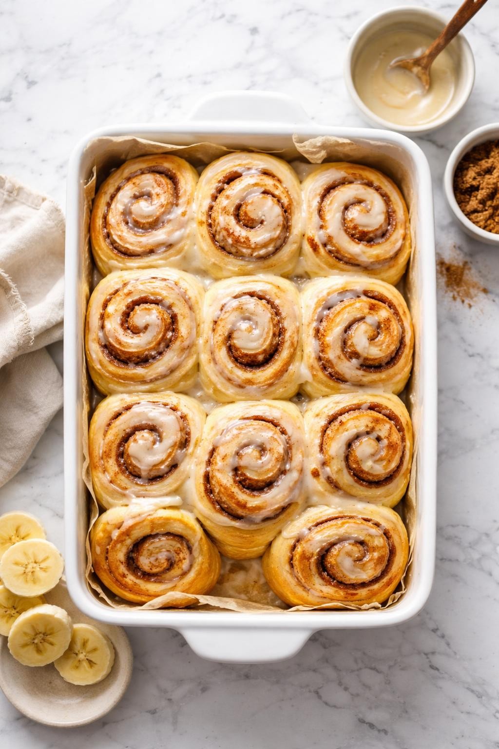 Image Prompt: Realistic top-down editorial food photography of vegan banana cinnamon rolls in a baking dish on a clean white marble countertop, soft golden rolls with cinnamon swirls and light glaze, a few banana slices nearby, cozy homemade baking mood, bright natural lighting, no people, no hands, no text, no watermarks, no props with writing.