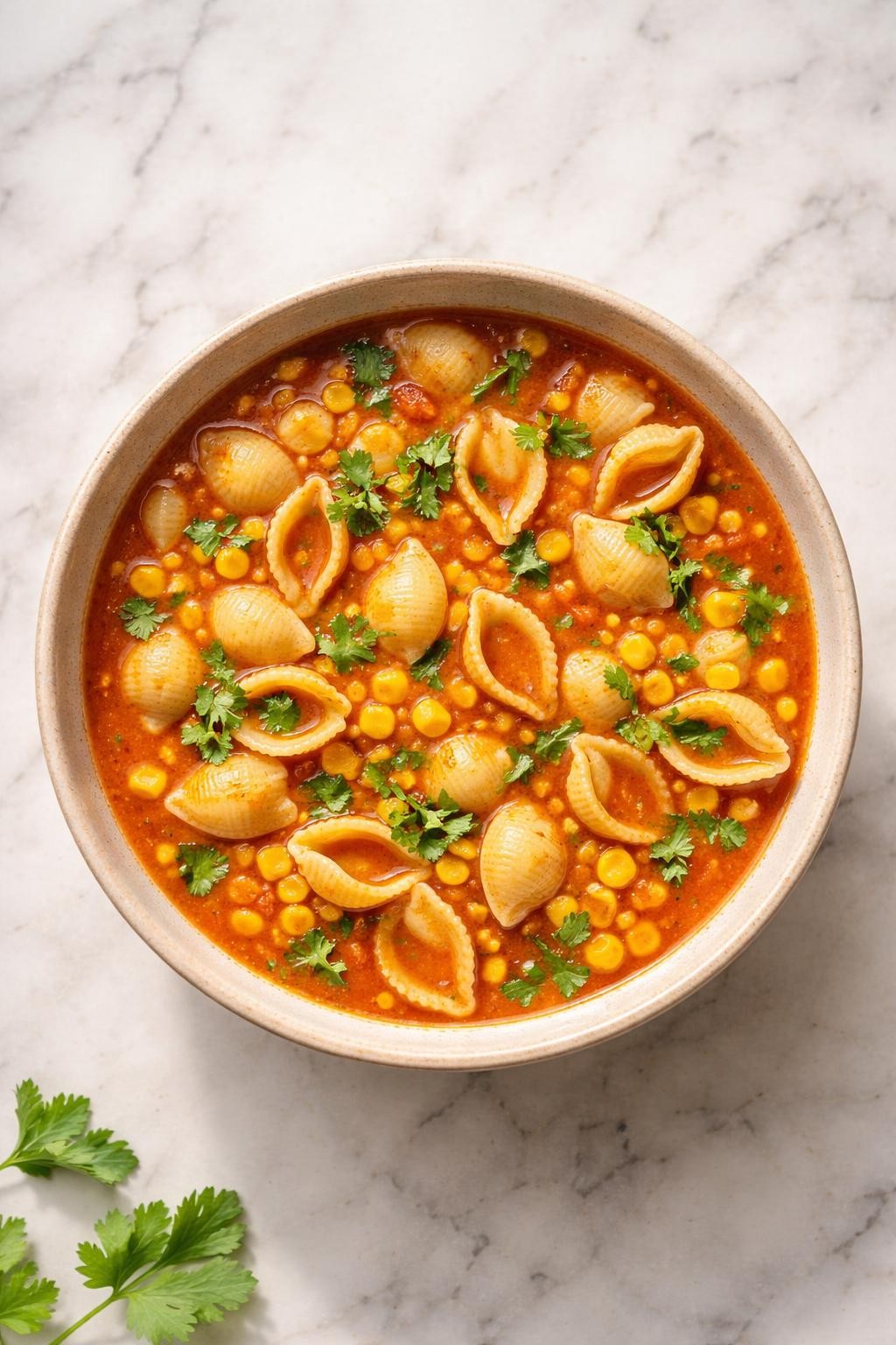 Image Prompt: Realistic top-down editorial food photography of Mexican sopita with corn in a neutral bowl on a clean marble countertop, shell pasta in tomato broth with sweet corn kernels and cilantro, bright natural daylight, warm homemade comfort food feel, no people, no hands, no text, no watermarks, no props with writing.