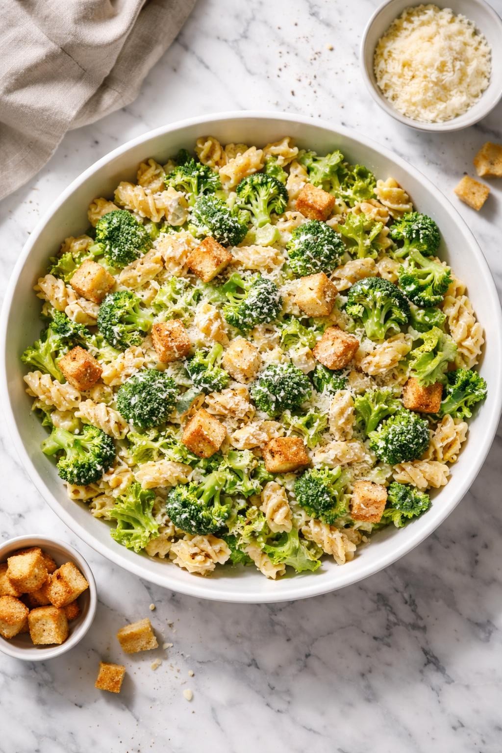 Image Prompt: Realistic top-down editorial food photography of Caesar pasta salad with broccoli in a white serving bowl on a clean white and gray marble countertop, rotini pasta tossed with chopped romaine, small broccoli florets, creamy Caesar dressing, parmesan, and croutons, fresh homemade styling, bright natural light, soft shadows, no people, no hands, no text, no watermarks, no props with writing.