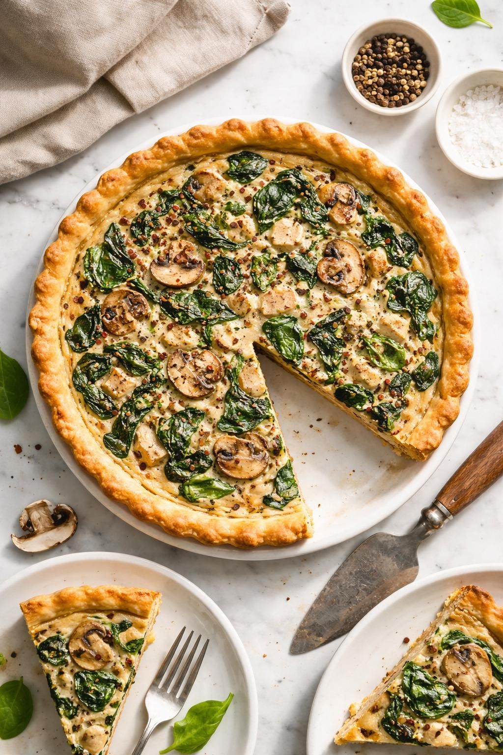 Image Prompt: Top-down realistic editorial food photography of a homemade vegan spinach and mushroom quiche on a clean white marble countertop, golden pie crust filled with creamy tofu-based filling, wilted spinach, and sautéed mushrooms, one neat slice removed to show the savory center, cozy homemade brunch mood, bright natural daylight, soft shadows, high detail, no people, no hands, no text, no watermarks, no props with writing.