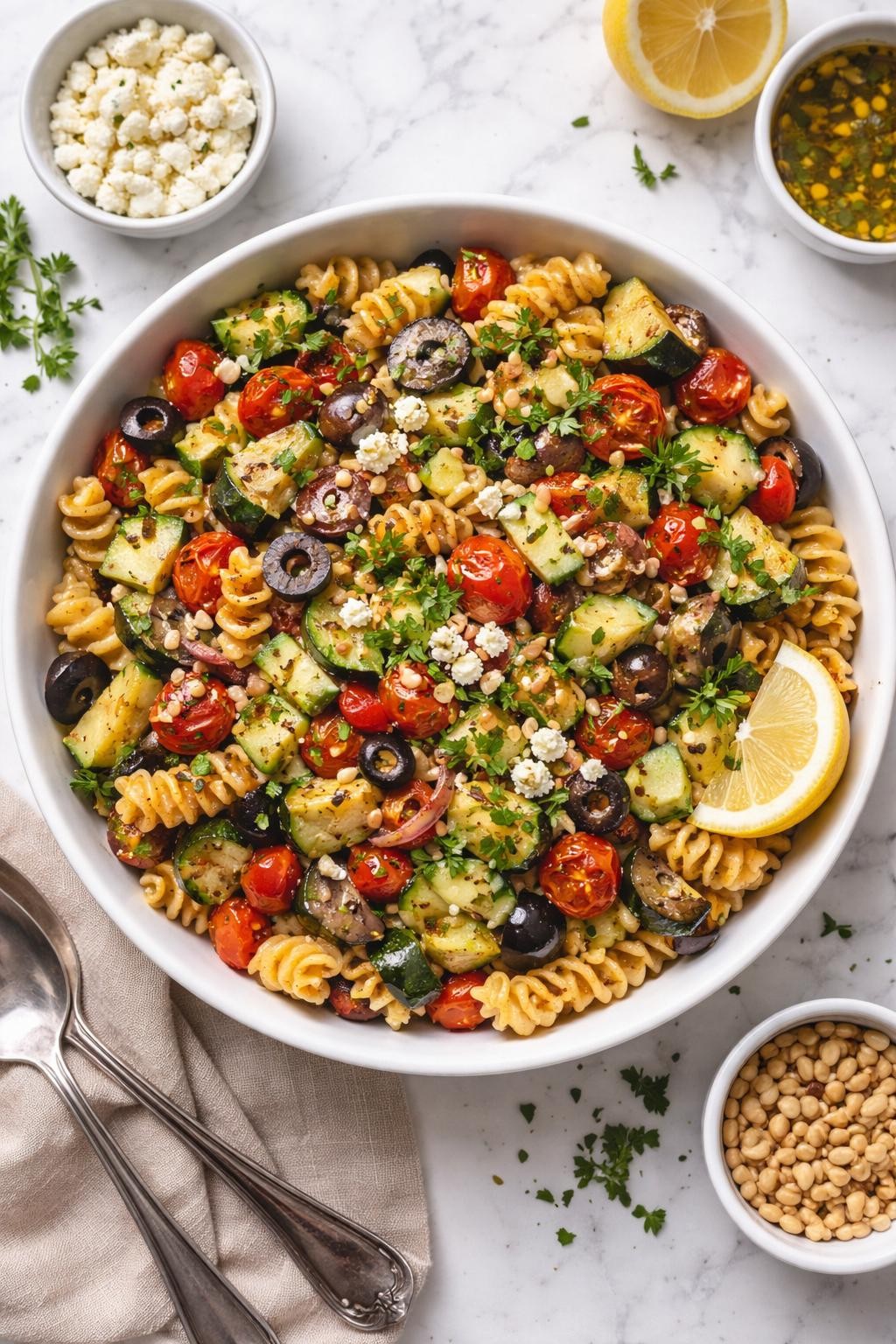 An overheard picture view of a plate of Roasted Vegetable Mediterranean Pasta Salad sitting on a marble countertop table in the kitchen, professional food photography style.