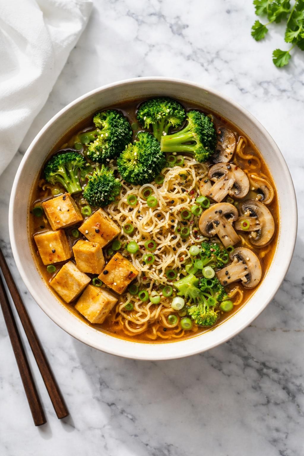 Image Prompt: Realistic top-down editorial food photography of a bowl of broccoli and mushroom vegan ramen on a clean white and gray marble countertop, filled with ramen noodles, savory broth, tender broccoli florets, mushrooms, tofu, green onions, and sesame seeds, warm homemade ramen dinner mood, bright natural window lighting, soft shadows, clean composition, high detail, realistic food texture, no people, no hands, no text, no watermarks, no props with writing.