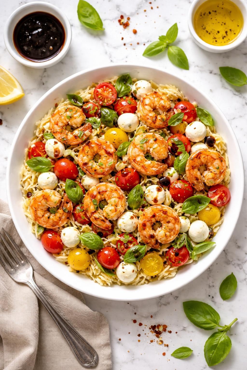 An overheard picture view of a plate of  Caprese Orzo Salad with Shrimp  sitting on a marble countertop table in the kitchen, professional food photography style.
