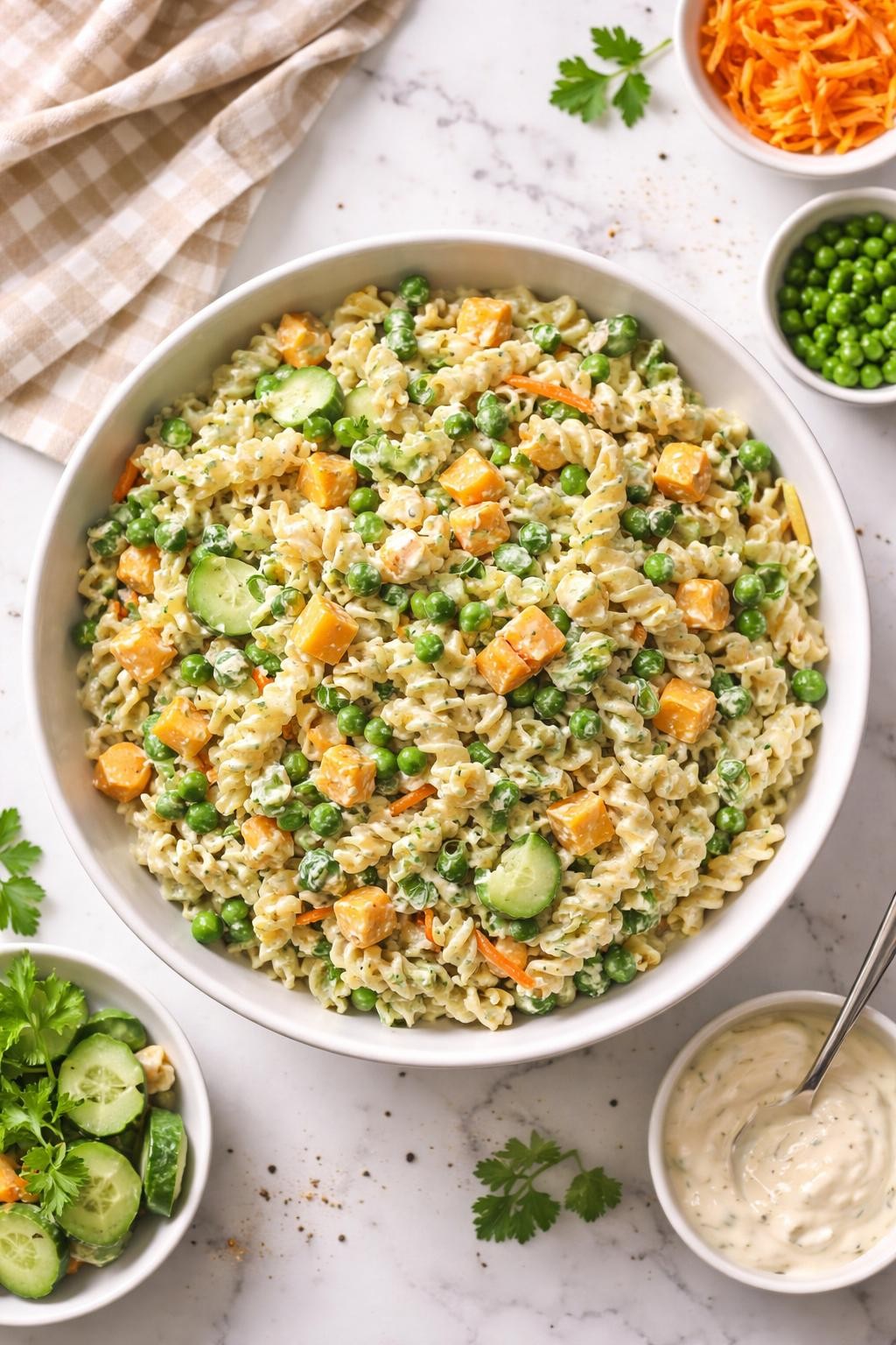 Image Prompt: Realistic top-down editorial food photography of a creamy ranch noodle salad on a white marble countertop, chilled noodles mixed with peas, carrots, cucumber, cheddar cubes, and creamy ranch dressing in a large serving bowl, homemade picnic salad styling, bright natural daylight, soft shadows, clean editorial composition, high detail, realistic texture, no people, no hands, no text, no watermarks, no props with writing.