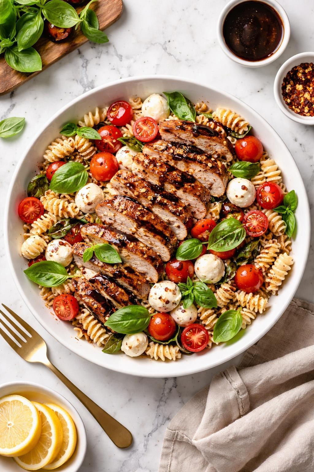 An overheard picture view of a plate of  Caprese Pasta Salad with Balsamic Chicken  sitting on a marble countertop table in the kitchen, professional food photography style.

