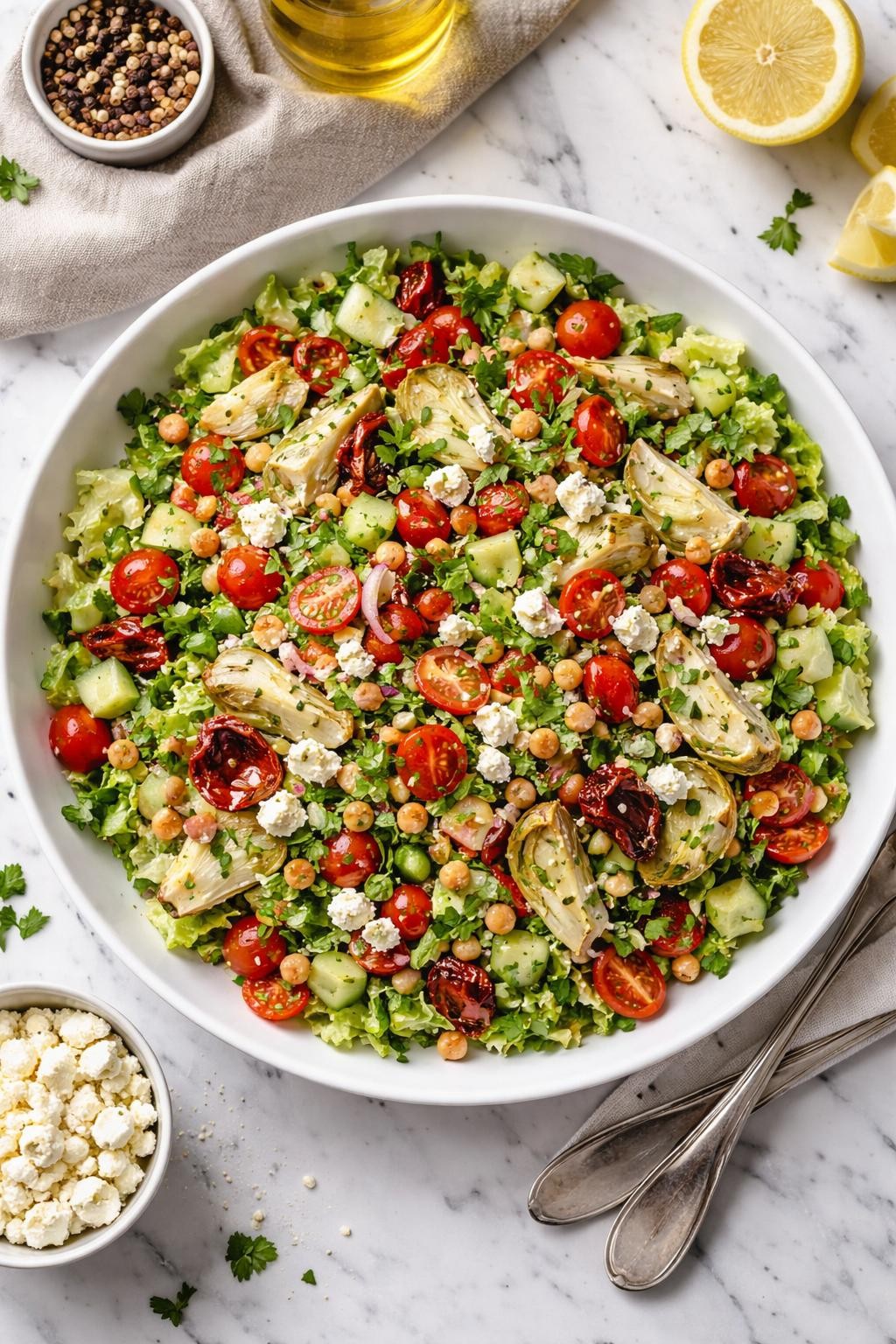 An overheard picture view of a plate of Chopped Salad with Sun-Dried Tomatoes and Artichokes sitting on a marble countertop table in the kitchen, professional food photography style.