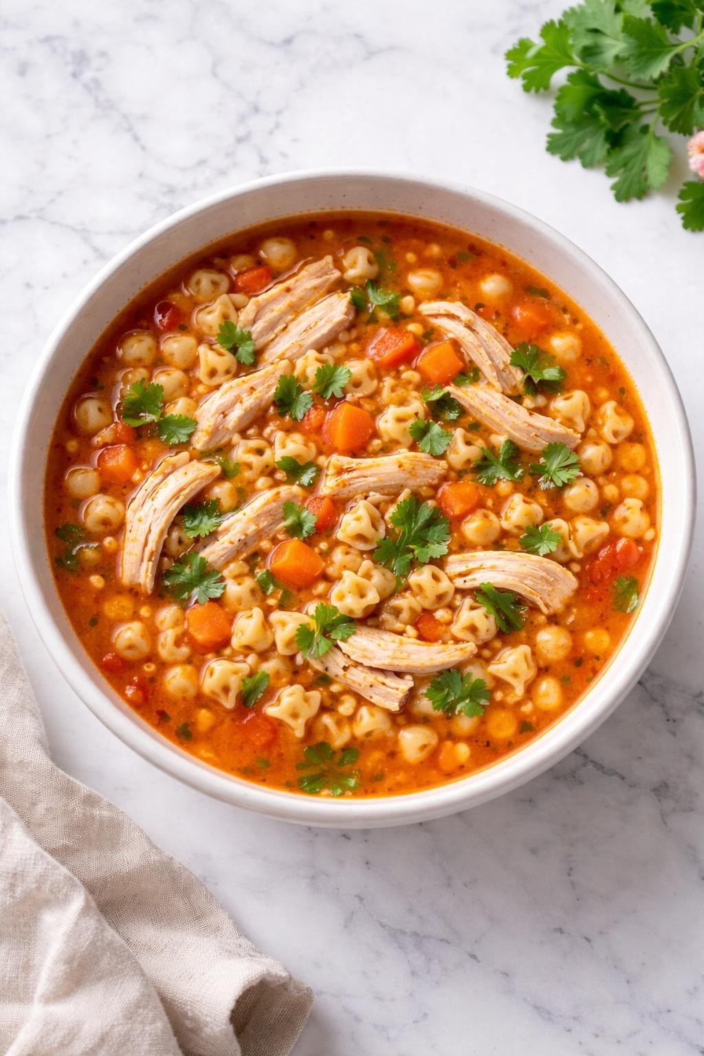Image Prompt: Realistic top-down editorial food photography of Mexican chicken sopita in a simple bowl on a clean white marble countertop, small pasta in a red tomato broth with shredded chicken, carrots, and cilantro, bright natural daylight, cozy homemade dinner mood, no people, no hands, no text, no watermarks, no props with writing.